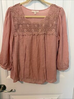 Fig + Flower PL Dusty Rose Crochet Lace Boho Peasant Blouse